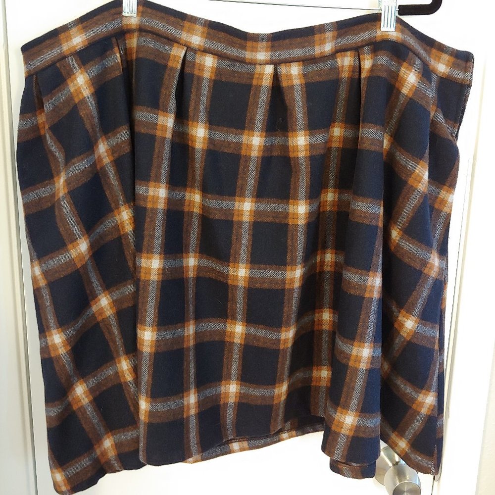 Blue, orange, and white plaid skirt